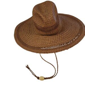 Universal Thread Brown Woven Paper Straw Sun Hat Wide Brim Boho Beach Chin Cord